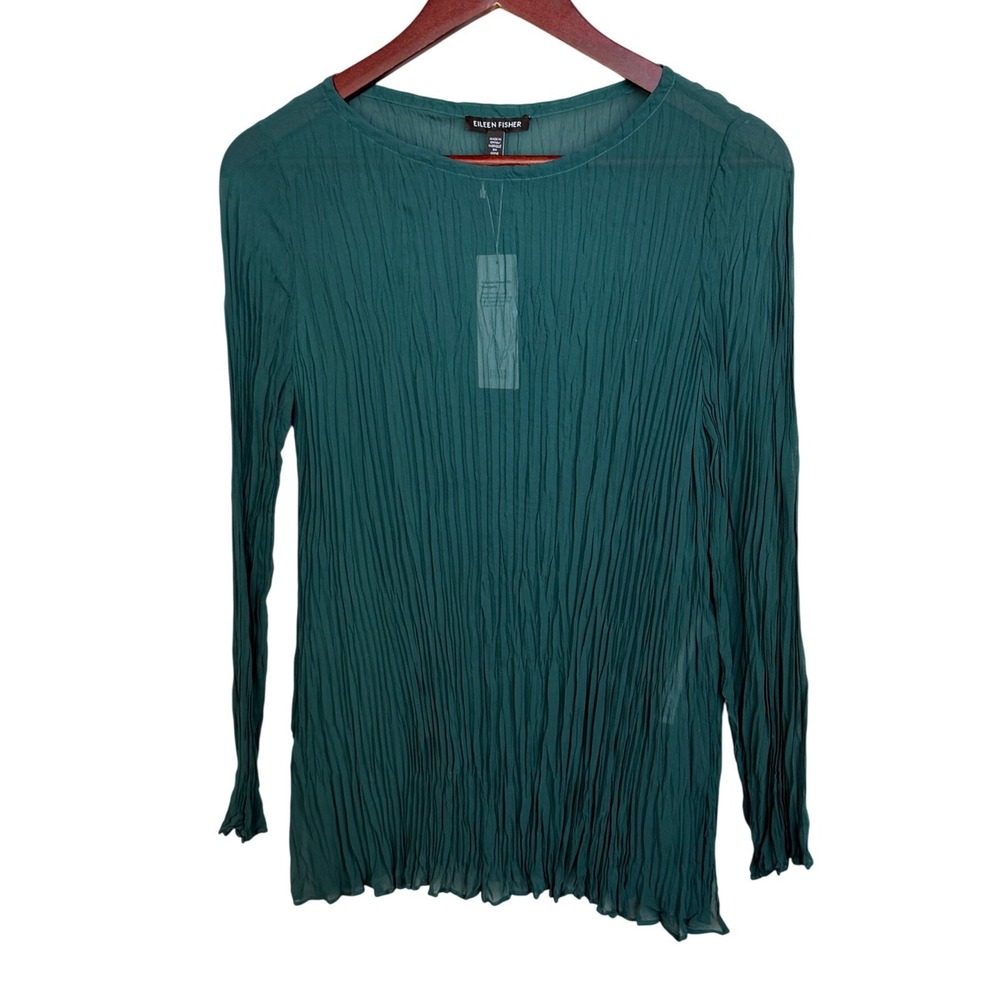 Eileen Fisher Silk Top Women XXS Green Crinkled Sheer Georgette Long Sleeve NWT